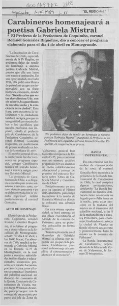 Carabineros homenajeará a poetisa Gabriela Mistral  [artículo].