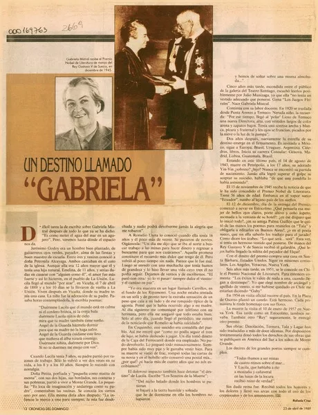 Un destino llamado "Gabriela"  [artículo] Rafaela Cruz.