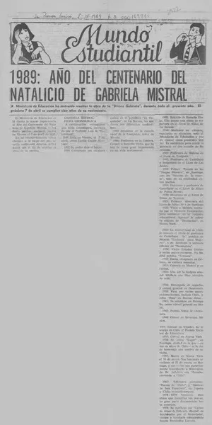 1989: año del centenario del natalicio de Gabriela Mistral  [artículo].
