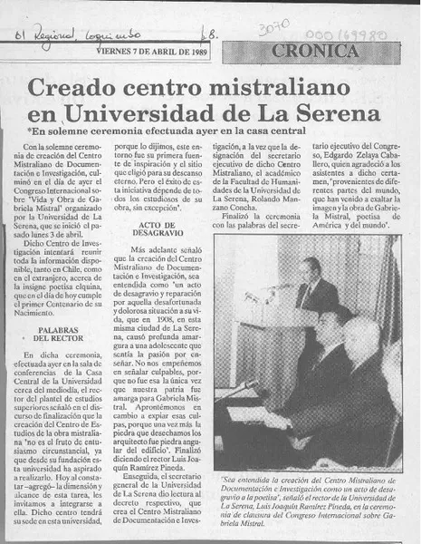 Creado centro mistraliano en Universidad de La Serena  [artículo].