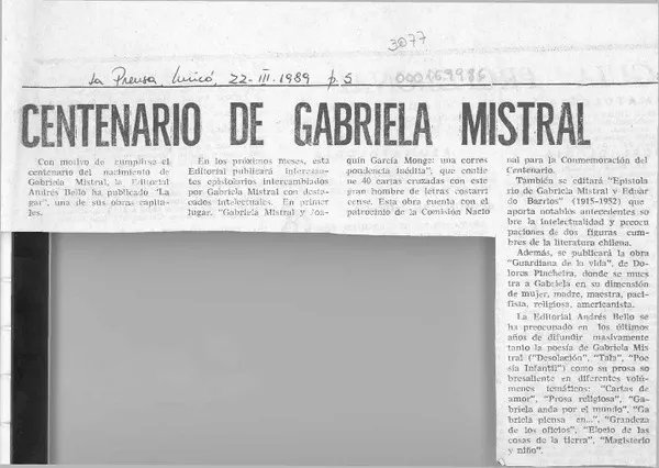 Centenario de Gabriela Mistral  [artículo].
