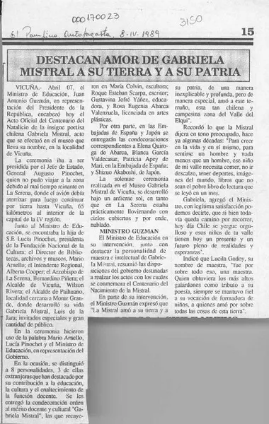 Destacan amor de Gabriela Mistral a su tierra y a su patria  [artículo].