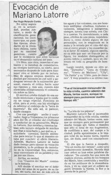 Evocación de Mariano Latorre  [artículo] Hugo Rolando Cortés.