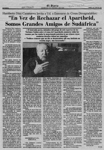 "En vez de rechazar el Apartheid, somos grandes amigos de Sudáfrica"  [artículo] F. V. D.