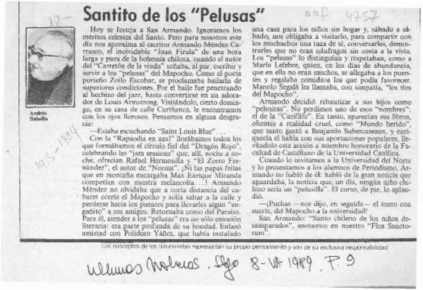 Santito de los "pelusas"  [artículo] Andrés Sabella.