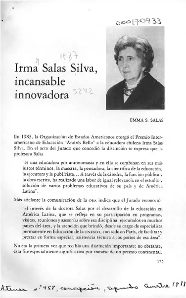 Irma Salas Silva, incansable innovadora  [artículo] Emma S. Salas.