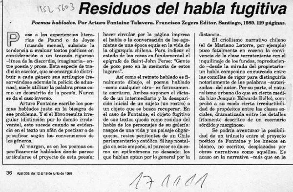 Residuos del habla fugitiva  [artículo] Roberto Merino.