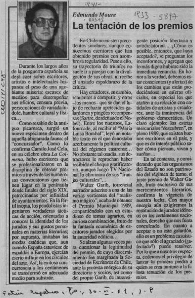 La tentación de los premios  [artículo] Edmundo Moure.