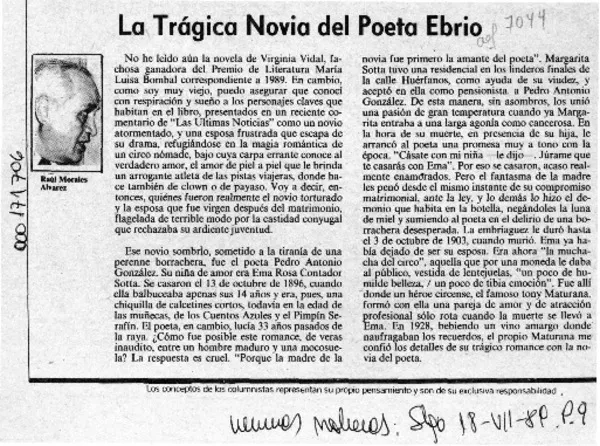 La trágica novia del poeta ebrio  [artículo] Raúl Morales Alvarez.