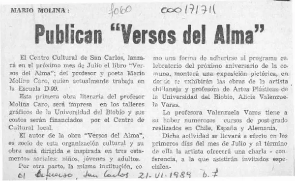 Publican "Versos del alma"  [artículo].