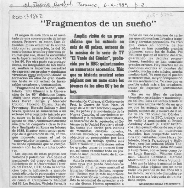 "Fragmentos de un sueño"  [artículo] Wellington Rojas Valdebenito.