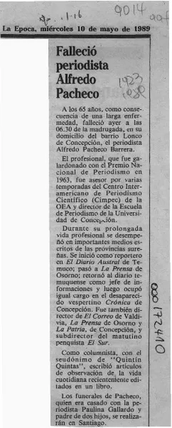 Falleció periodista Alfredo Pacheco  [artículo].