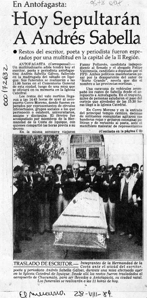 Hoy sepultarán a Andrés Sabella  [artículo].