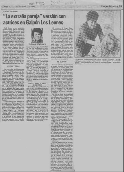 "La extraña pareja" versión con actrices en Galpón Los Leones  [artículo] Yolanda Montecinos.