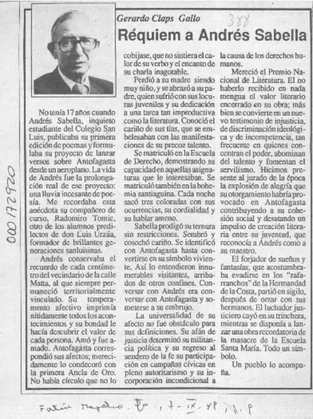 Réquiem a Andrés Sabella  [artículo] Gerardo Claps Gallo.
