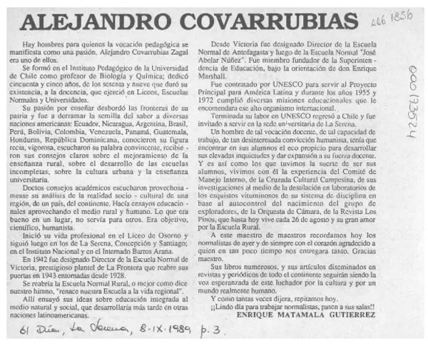 Alejandro Covarrubias  [artículo] Enrique Matamala Gutiérrez.