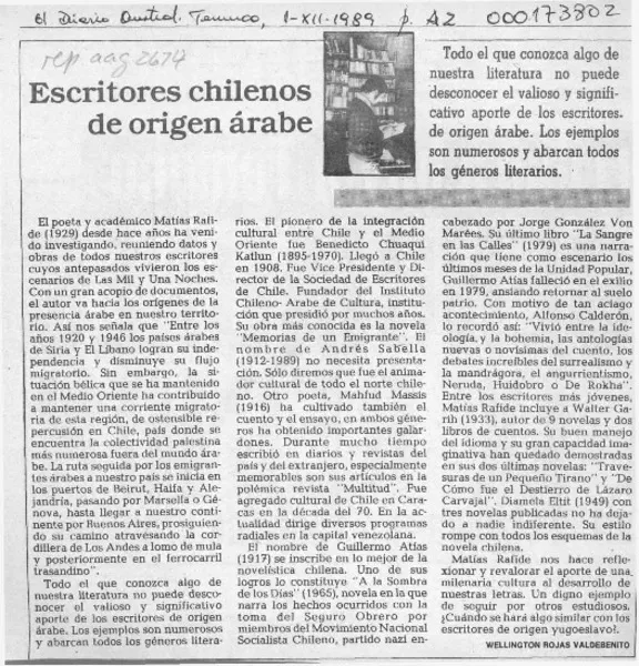 Escritores chilenos de origen árabe  [artículo] Wellington Rojas Valdebenito.