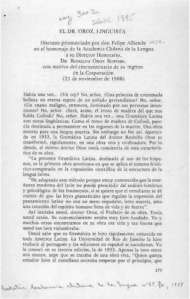 El Dr. Oroz, lingüista  [artículo] Felipe Alliende.