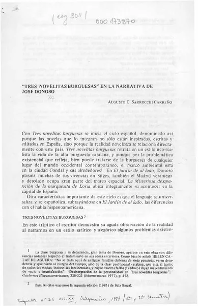"Tres novelitas burguesas" en la narrativa de José Donoso  [artículo] Augusto C. Sarrocchi Carreño.