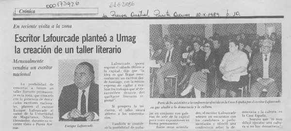Escritor Lafourcade planteó a Umag la creación de un taller literario  [artículo].