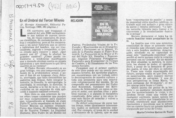 En el umbral del Tercer Milenio  [artículo] María Cristina Quiroz de Tagle.