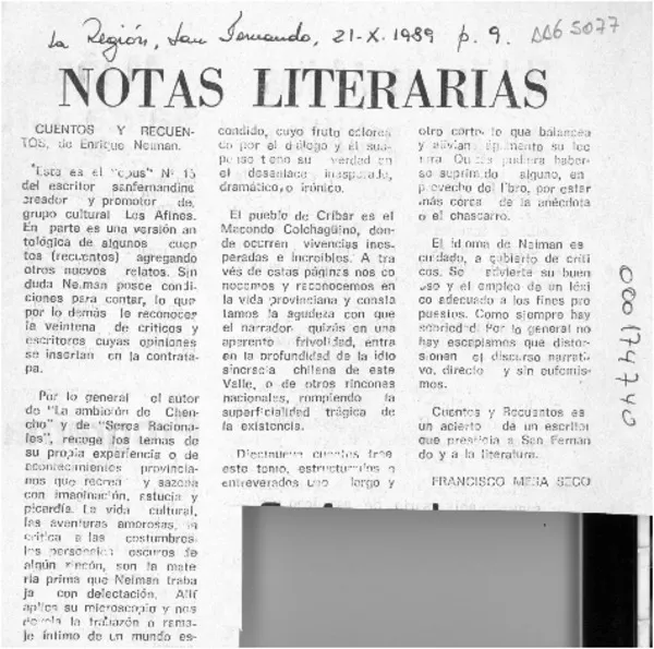 Notas literarias  [artículo] Francisco Mesa Seco.