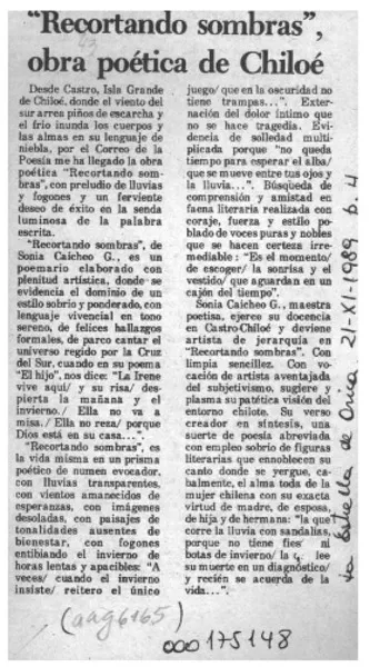 "Recortando sombras", obra poética de Chiloé  [artículo].