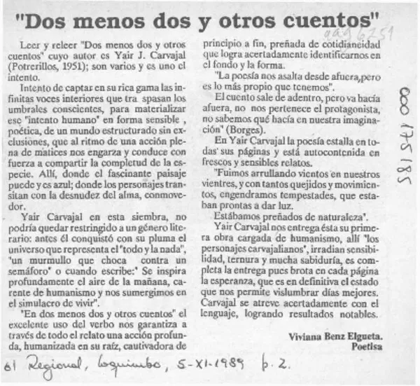 Dos menos dos y otros cuentos  [artículo] Viviana Benz Elgueta.