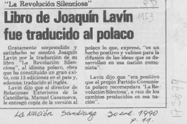 Libro de Joaquín Lavín fue traducido al polaco  [artículo].