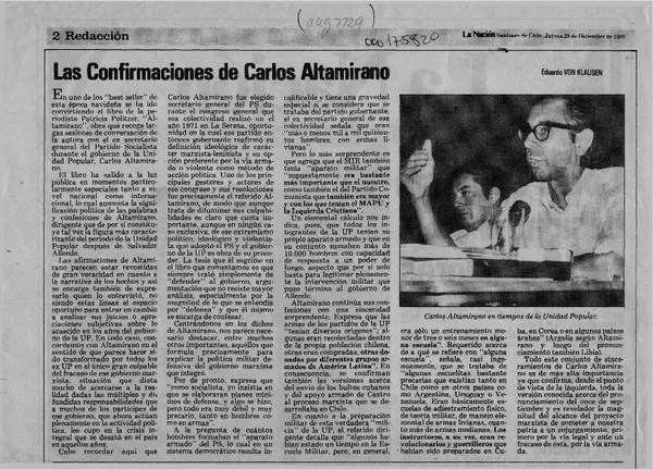 Las confirmaciones de Carlos Altamirano  [artículo] Eduardo von Klausen.