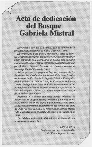 Acta de dedicación del Bosque Gabriela Mistral  [artículo].