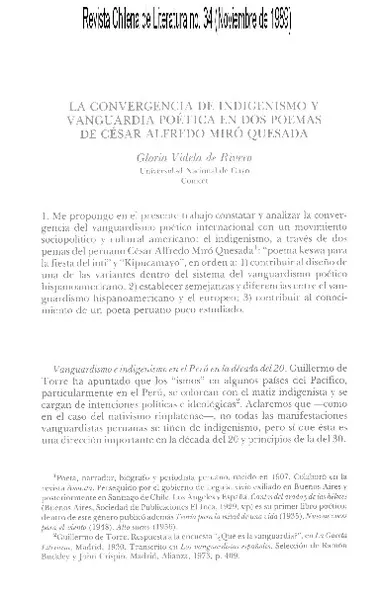 La convergencia de indigenismo y vanguardia poética en dos poemas de César Alfredo Miró Quesada  [artículo] Gloria Videla de Rivero.