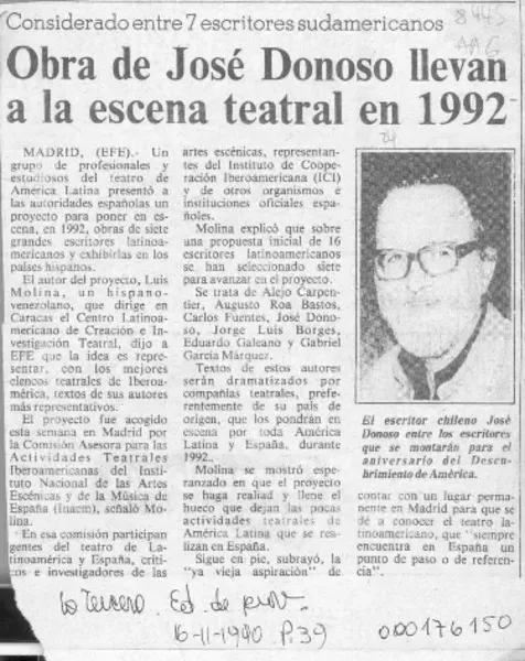 Obra de José Donoso llevan a la escena tetral en 1992  [artículo].