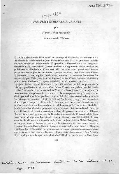 Juan Uribe-Echevarría Uriarte  [artículo] Manuel Salvat Monguillot.