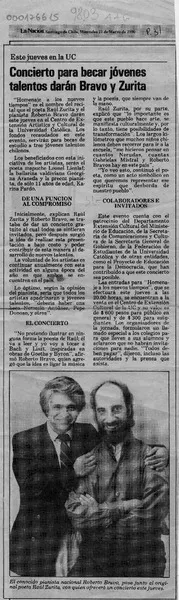 Concierto para becar jóvenes talentos darán Bravo y Zurita  [artículo].