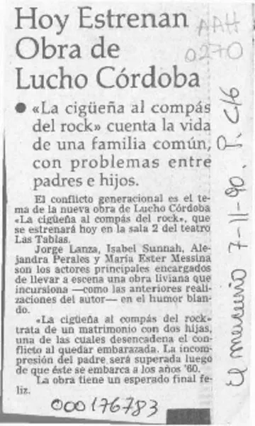 Hoy estrenan obra de Lucho Córdoba  [artículo].