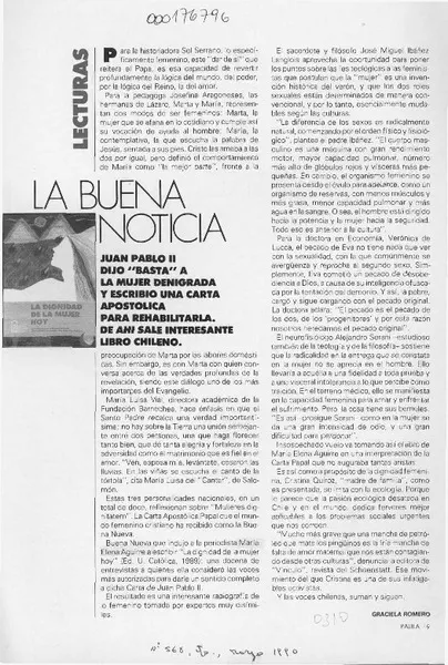 La buena noticia  [artículo] Graciela Romero.