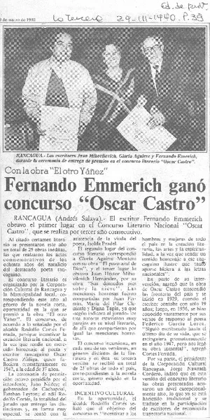 Fernando Emmerich ganó concurso "Oscar Castro"  [artículo] Andrés Salaya.