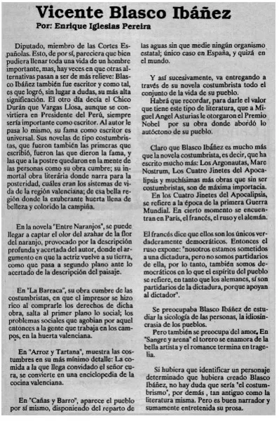 Vicente Blasco Ibáñez  [artículo] Enrique Iglesias Pereira.