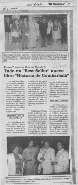 Todo un "best seller" nuevo libro "Historia de Combarbalá"  [artículo].