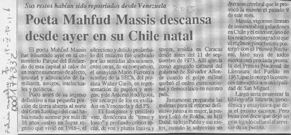 Poeta Mahfud Massis descansa desde ayer en su Chile natal  [artículo].