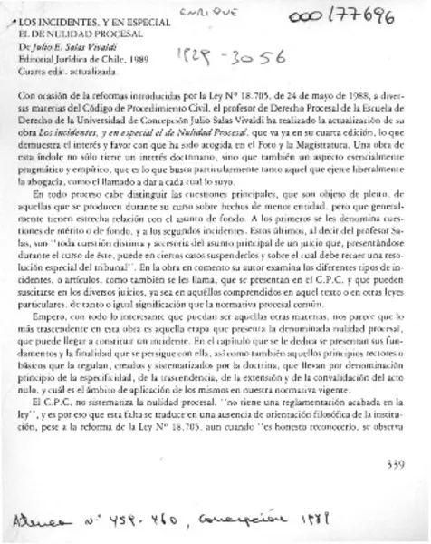 Los incidentes y en especial el de nulidad procesal  [artículo] Héctor Oberg Yáñez.