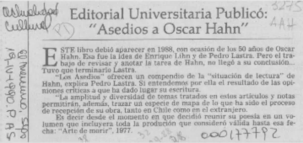 Editorial Universitaria publicó "Asedios a Oscar Hahn"  [artículo].