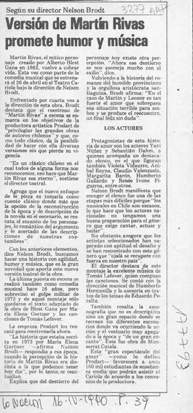 Versión de Martín Rivas promete humor y música  [artículo].