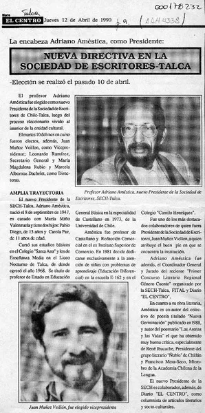 Nueva directiva en la Sociedad de Escritores-Talca  [artículo].