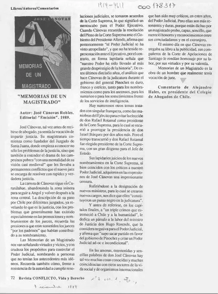 "Memorias de un magistrado"  [artículo] Alejandro Hales.
