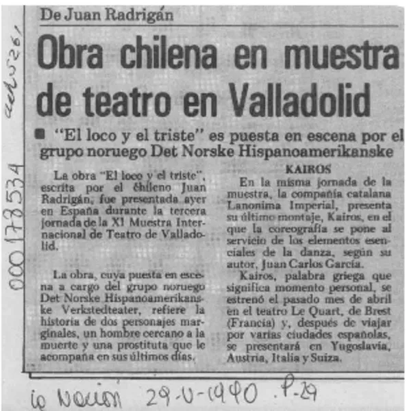Obra chilena en muestra de teatro en Valladolid  [artículo].