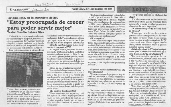 "Estoy preocupada de crecer para poder servir mejor" (entrevista)  [artículo] Claudio Ilabaca Sáez.