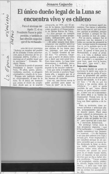 El único dueño legal de la luna se encuentra vivo y es chileno  [artículo] Ana de Juan.