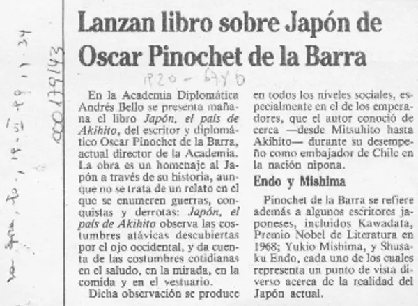 Lanzan libro sobre Japón de Oscar Pinochet de la Barra  [artículo].